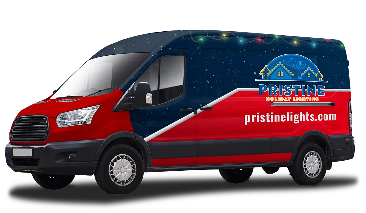 Red and navy service van with 'PRISTINE Holiday Lighting' logo, decorative string lights, snow flecks and the website pristinelights.com on the side.